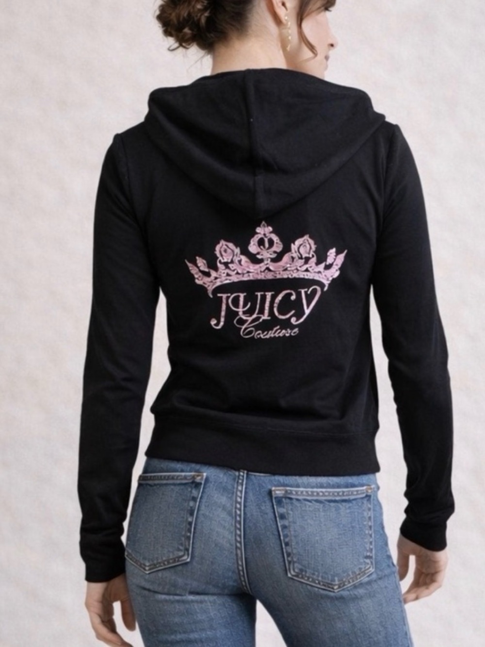 Authentic JUICY COUTURE Black Hoodie Rhinestone Crown Logo Y2K Deadstock NWT